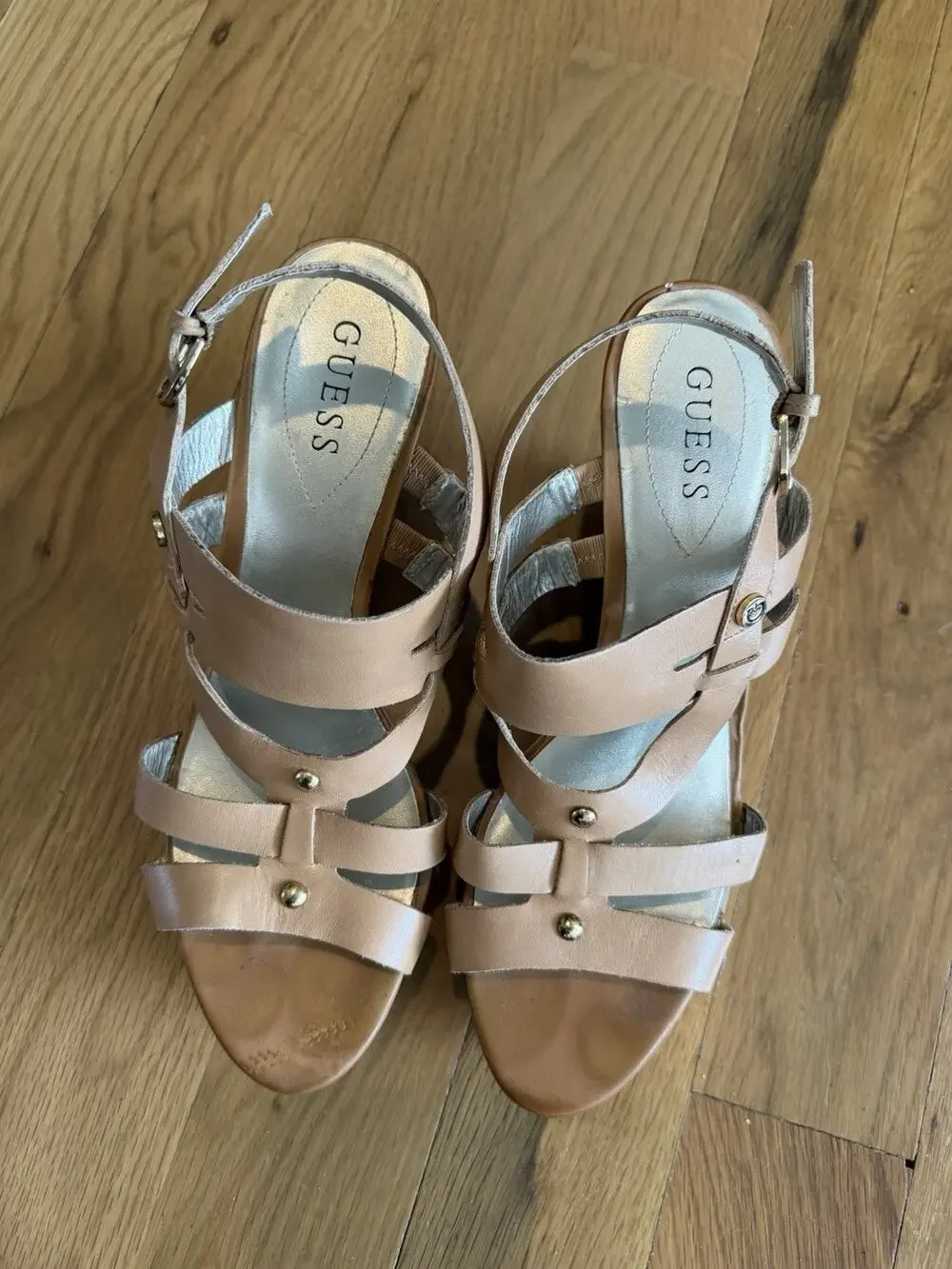 GUESS Women’s Tan Leather Cork Wedge Sandals Studded Buckle Ankle size 10m